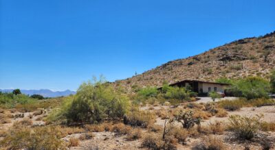 A house in Phoenix, AZ with bushes and mountains in the background.